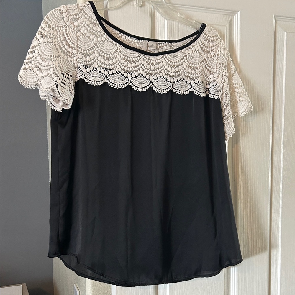LC Lauren Conrad Black Blouse with Cream Lace
